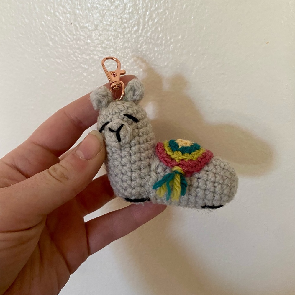 Handmade Crochet Llama Keychain - Light Gray with Multicolor Saddle